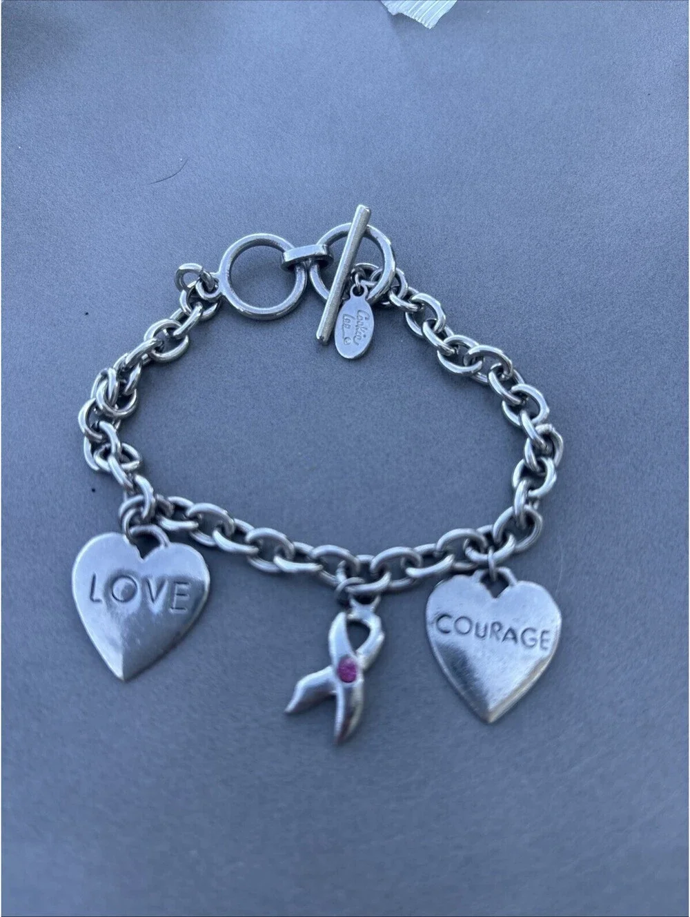 COOKIE LEE silvertone pink HOPE COURAGE Breast Cancer AWARENESS charm bracelet